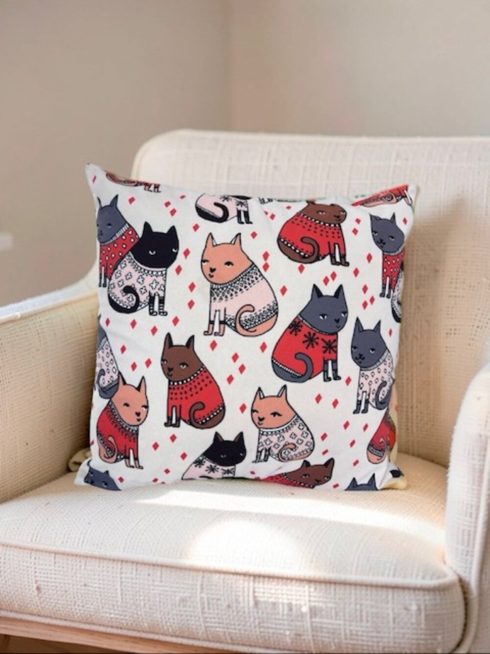 Cats In Sweaters Holiday Throw Pillow - Illustration by Andrea Lauren 19"x19"